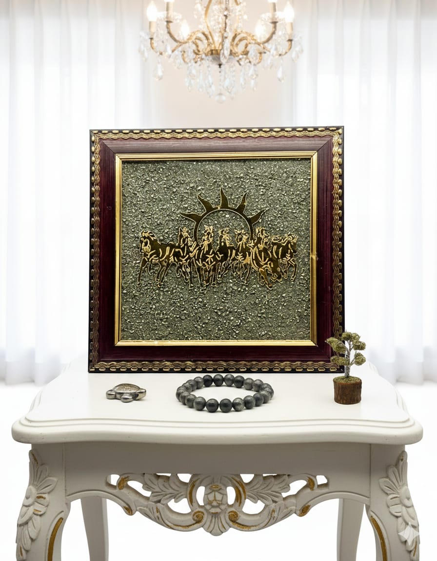 Pyrite 7 Horses Vastu Frame, Pyrite Bracelet, Pyrite Turtle & Pyrite Tree Combo - RatnaSetu