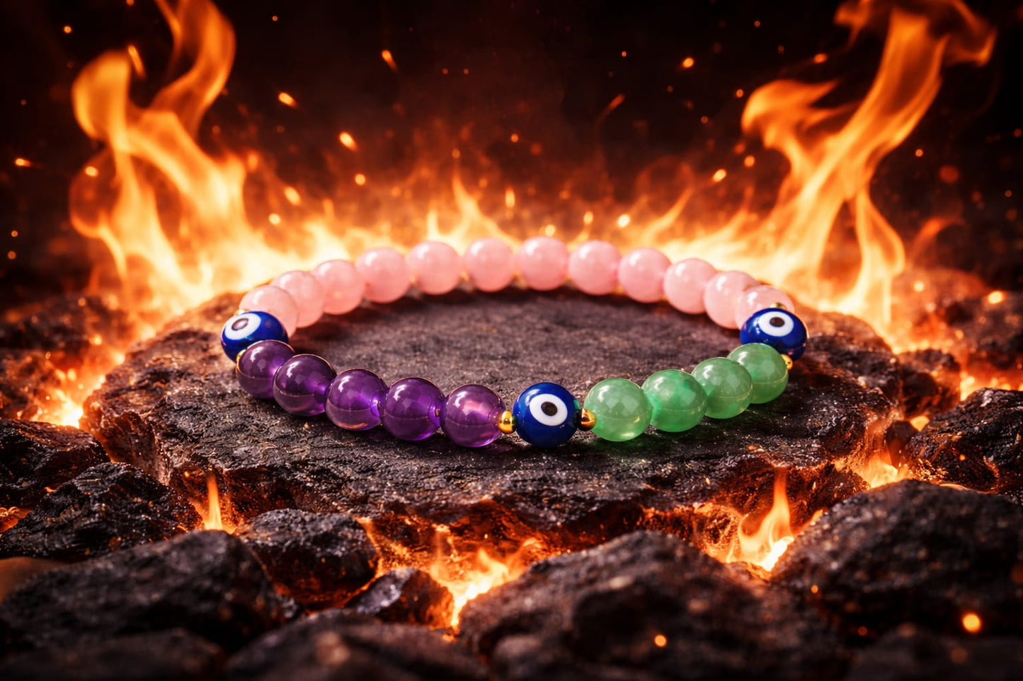 Natural Amethyst, Rose Quartz, Green Aventurine & Evil Eye Protection Bracelet - RatnaSetu