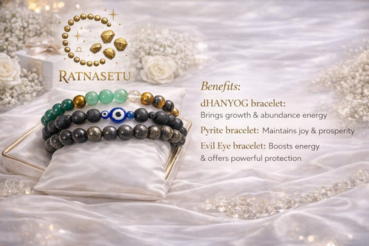 RatnaSetu Richi Rich Combo - Pyrite, Dhanyog & Evil Eye Lava Stone Bracelet Set