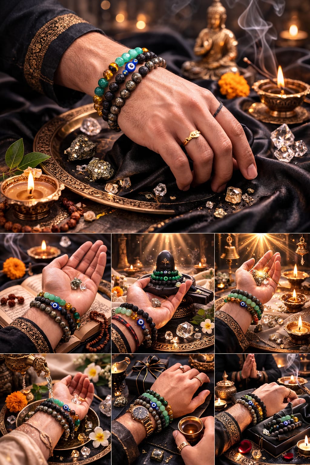RatnaSetu Richi Rich Combo - Pyrite, Dhanyog & Evil Eye Lava Stone Bracelet Set