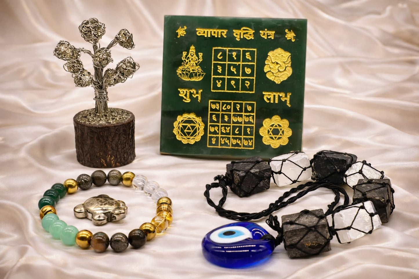Vypar Vridhi Kit: Pyrite Tree, Pyrite Turtle, Vypar Vridhi Yantra, Dhanyog Bracelet & Evil Eye - RatnaSetu