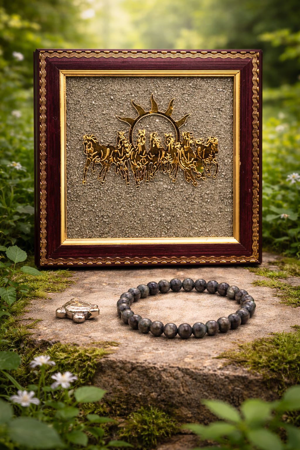 Pyrite 7 Running Horses Vastu Frame, Bracelet & Turtle Combo - RatnaSetu