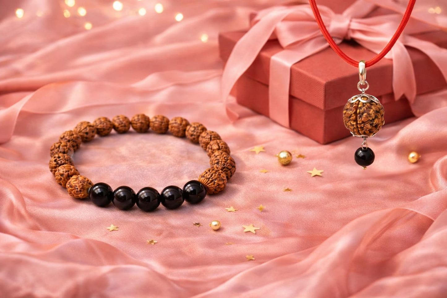 Original Certified Rudraksha & Black Onyx Bracelet with Pendant Combo Set | RatnaSetu