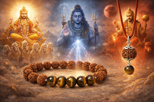 Natural Tiger Eye & Rudraksha Combo - Courage & Protection Bracelet Set | RatnaSetu
