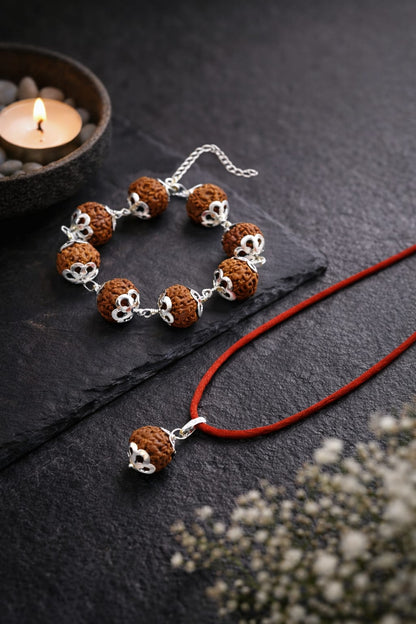 Original 7 Mukhi Rudraksha Bracelet with Pendant Combo Set (Metal Caps) | RatnaSetu