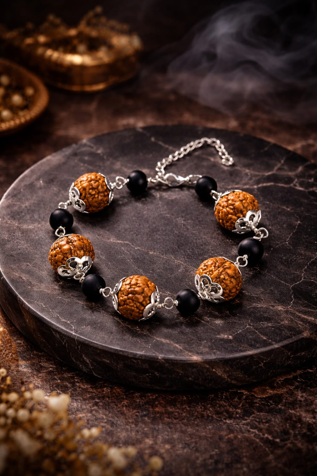 Natural 7 Mukhi Rudraksha Karungali Bracelet with Premium Metal Caps - RatnaSetu