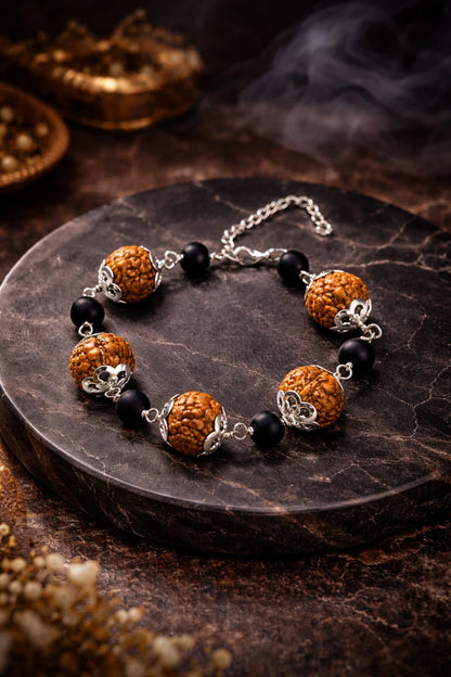 Natural 7 Mukhi Rudraksha Karungali Bracelet with Premium Metal Caps - RatnaSetu