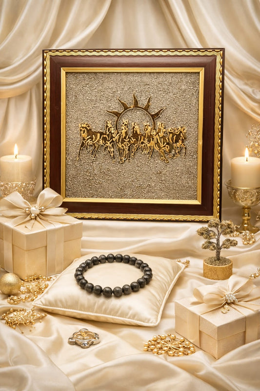 Pyrite 7 Horses Vastu Frame, Pyrite Bracelet, Pyrite Turtle & Pyrite Tree Combo - RatnaSetu