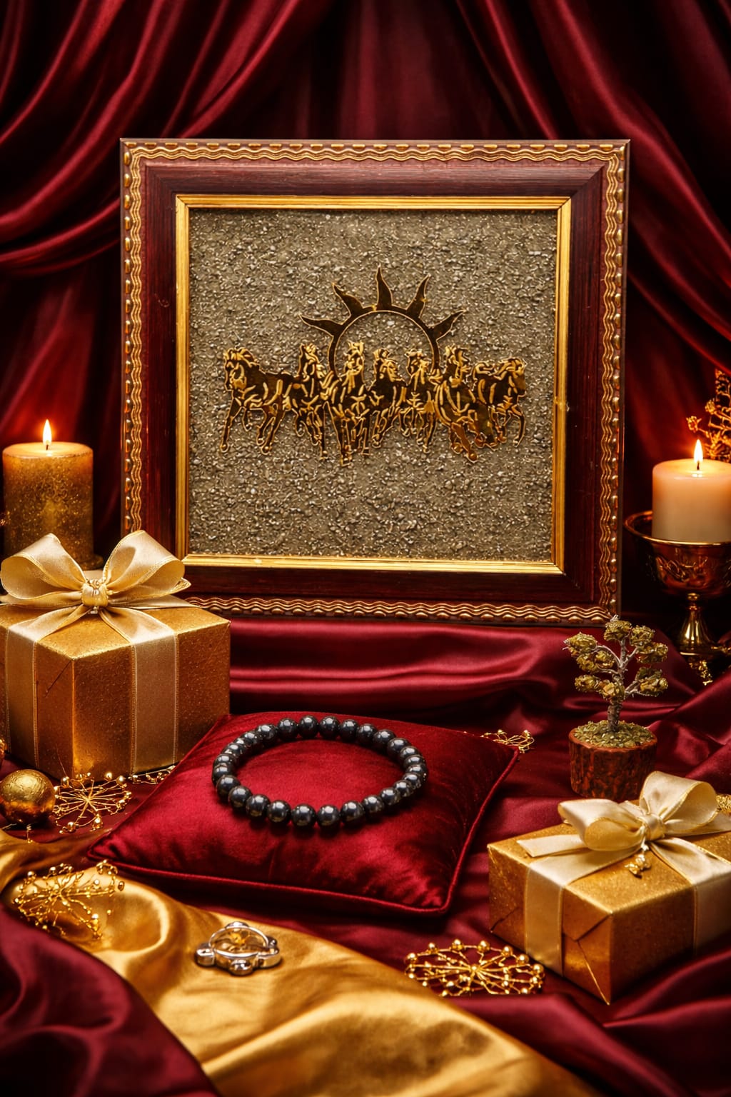 Pyrite 7 Horses Vastu Frame, Pyrite Bracelet, Pyrite Turtle & Pyrite Tree Combo - RatnaSetu