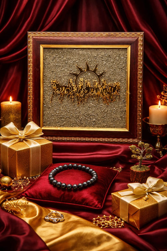 Pyrite 7 Horses Vastu Frame, Pyrite Bracelet, Pyrite Turtle & Pyrite Tree Combo - RatnaSetu