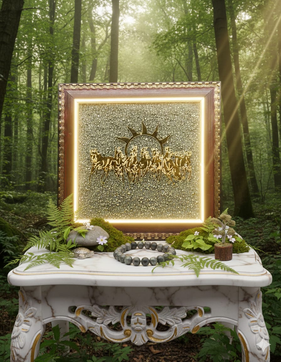 Pyrite 7 Horses Vastu Frame, Pyrite Bracelet, Pyrite Turtle & Pyrite Tree Combo - RatnaSetu
