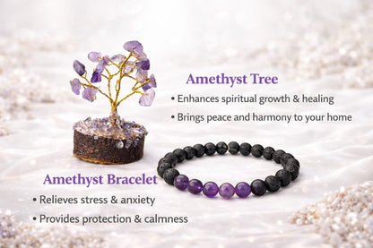 Amethyst Lava Stone Meditation Bracelet and Gemstone Tree Anxiety Relief Combo - RatnaSetu