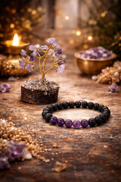 Amethyst Lava Stone Meditation Bracelet and Gemstone Tree Anxiety Relief Combo - RatnaSetu