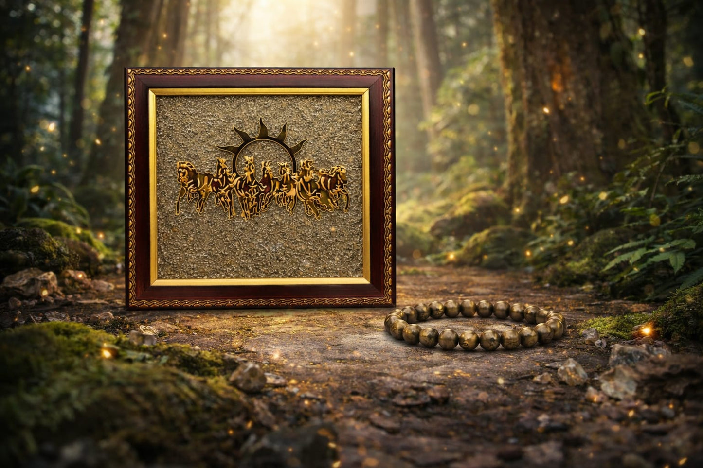 Pyrite 7 Running Horses Vastu Frame with Pyrite Bracelet Combo - RatnaSetu