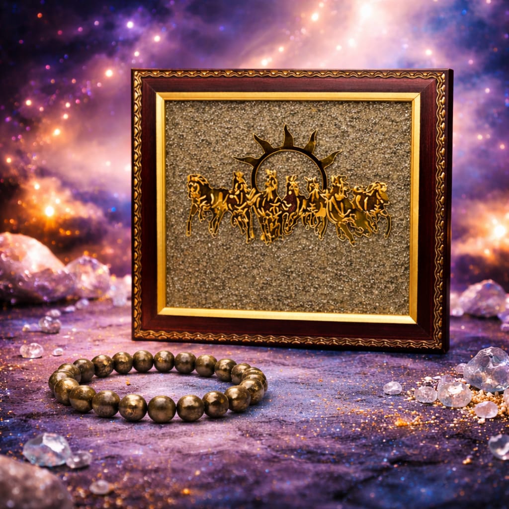 Pyrite 7 Running Horses Vastu Frame with Pyrite Bracelet Combo - RatnaSetu