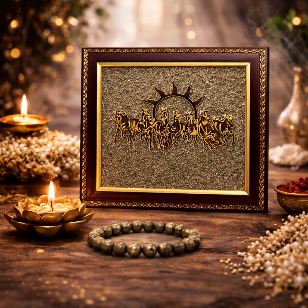 Pyrite 7 Running Horses Vastu Frame with Pyrite Bracelet Combo - RatnaSetu