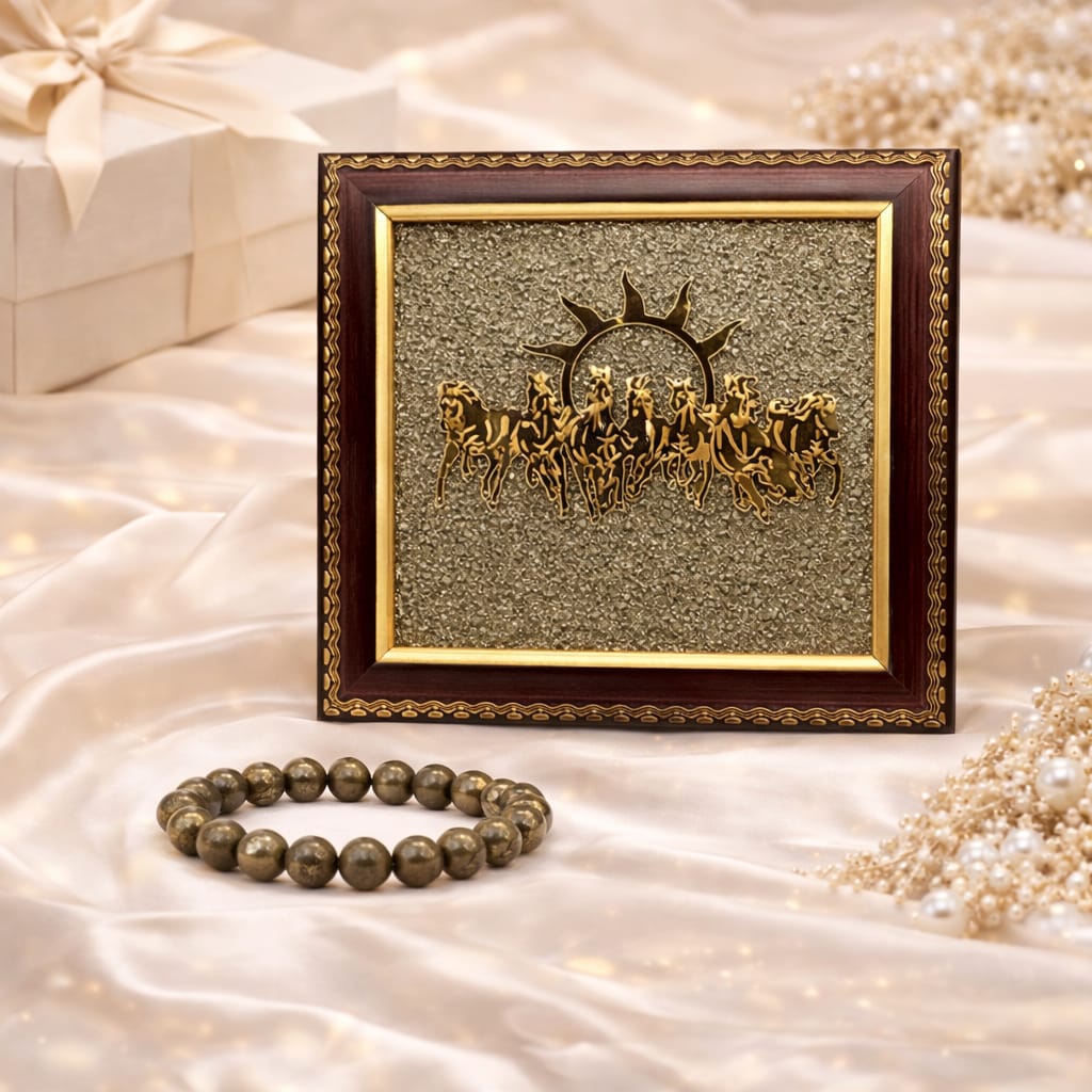 Pyrite 7 Running Horses Vastu Frame with Pyrite Bracelet Combo - RatnaSetu