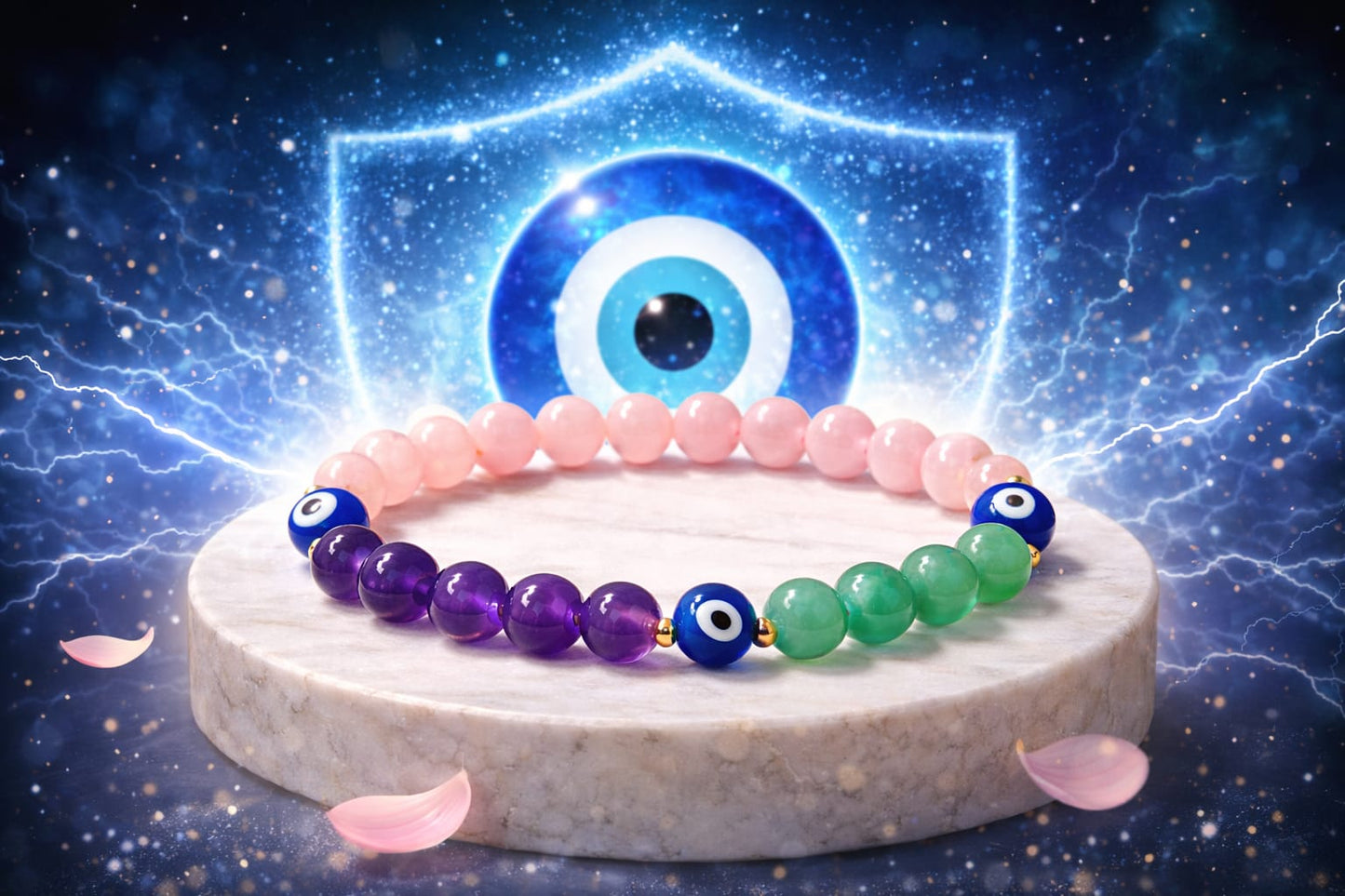 Natural Amethyst, Rose Quartz, Green Aventurine & Evil Eye Protection Bracelet - RatnaSetu