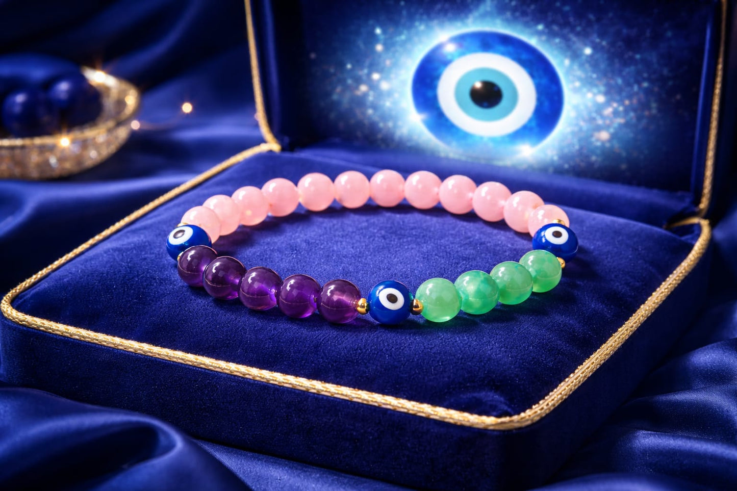 Natural Amethyst, Rose Quartz, Green Aventurine & Evil Eye Protection Bracelet - RatnaSetu