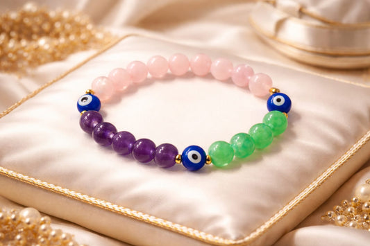 Natural Amethyst, Rose Quartz, Green Aventurine & Evil Eye Protection Bracelet - RatnaSetu