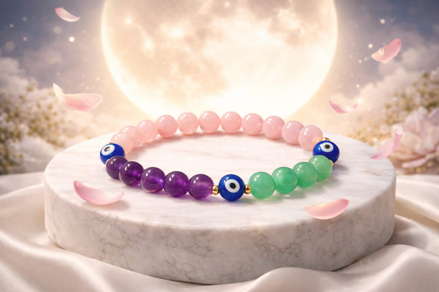 Natural Amethyst, Rose Quartz, Green Aventurine & Evil Eye Protection Bracelet - RatnaSetu