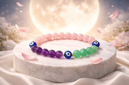 Natural Amethyst, Rose Quartz, Green Aventurine & Evil Eye Protection Bracelet - RatnaSetu