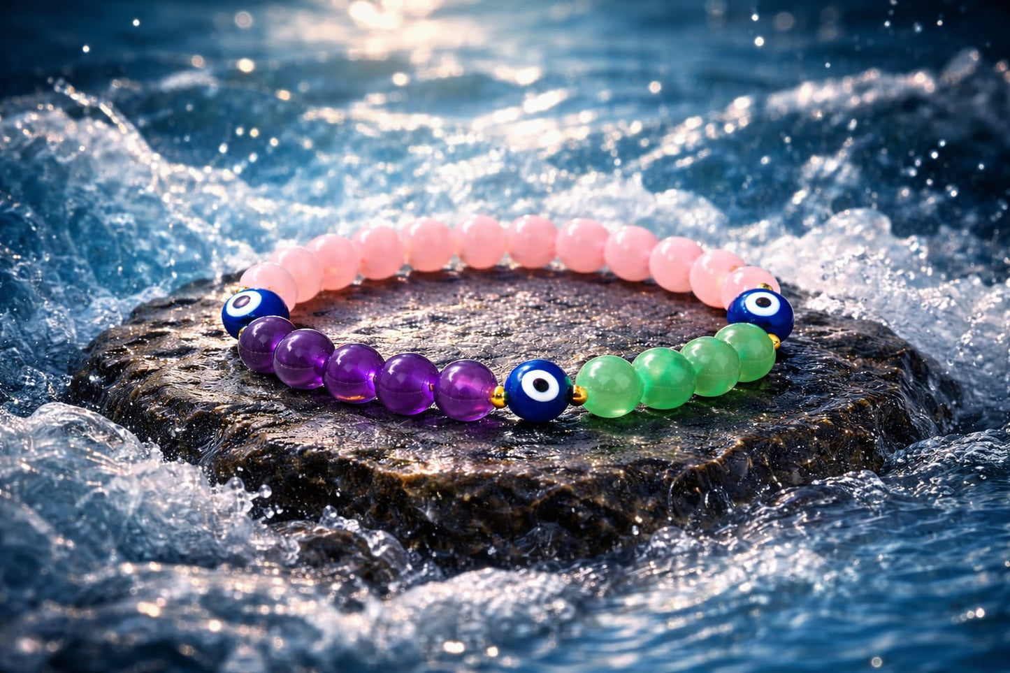 Natural Amethyst, Rose Quartz, Green Aventurine & Evil Eye Protection Bracelet - RatnaSetu