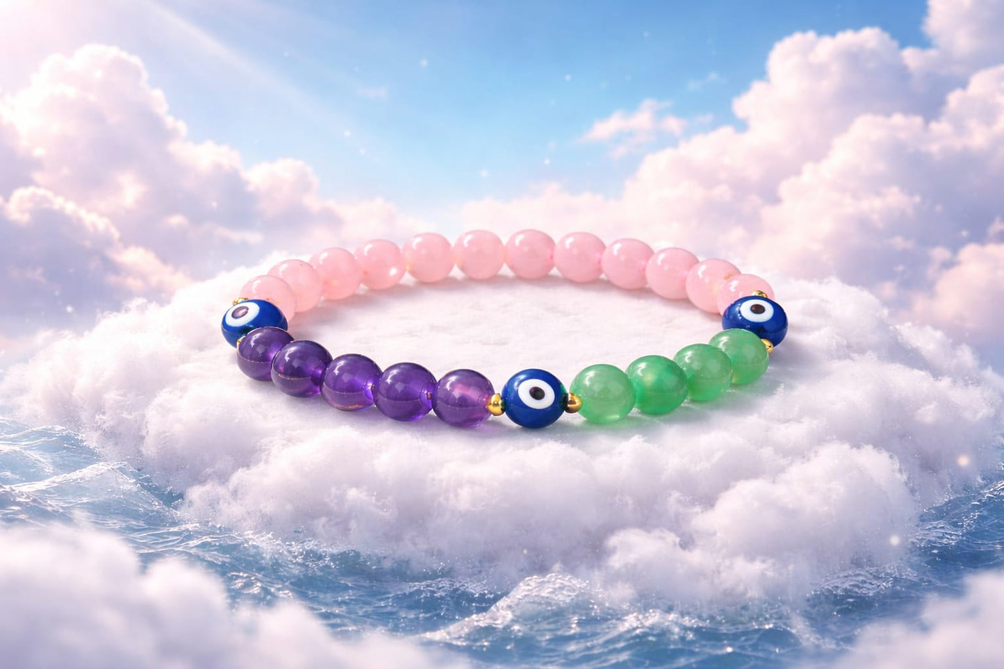 Natural Amethyst, Rose Quartz, Green Aventurine & Evil Eye Protection Bracelet - RatnaSetu
