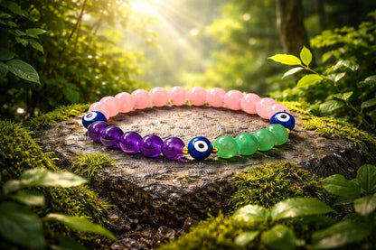 Natural Amethyst, Rose Quartz, Green Aventurine & Evil Eye Protection Bracelet - RatnaSetu