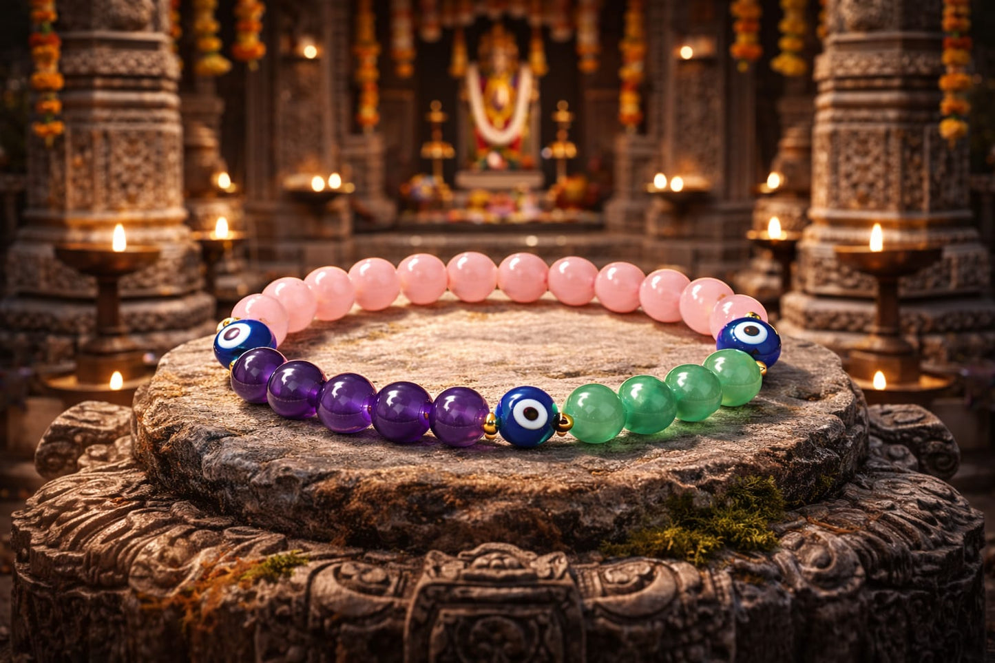 Natural Amethyst, Rose Quartz, Green Aventurine & Evil Eye Protection Bracelet - RatnaSetu