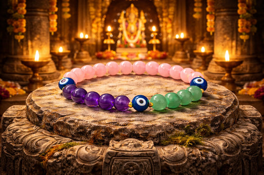 Natural Amethyst, Rose Quartz, Green Aventurine & Evil Eye Protection Bracelet - RatnaSetu