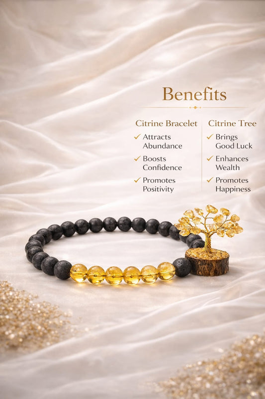 Natural Citrine Lava Stone Bracelet with Citrine Crystal Tree Combo for Wealth & Success - RatnaSetu