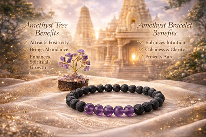 Amethyst Lava Stone Meditation Bracelet and Gemstone Tree Anxiety Relief Combo - RatnaSetu