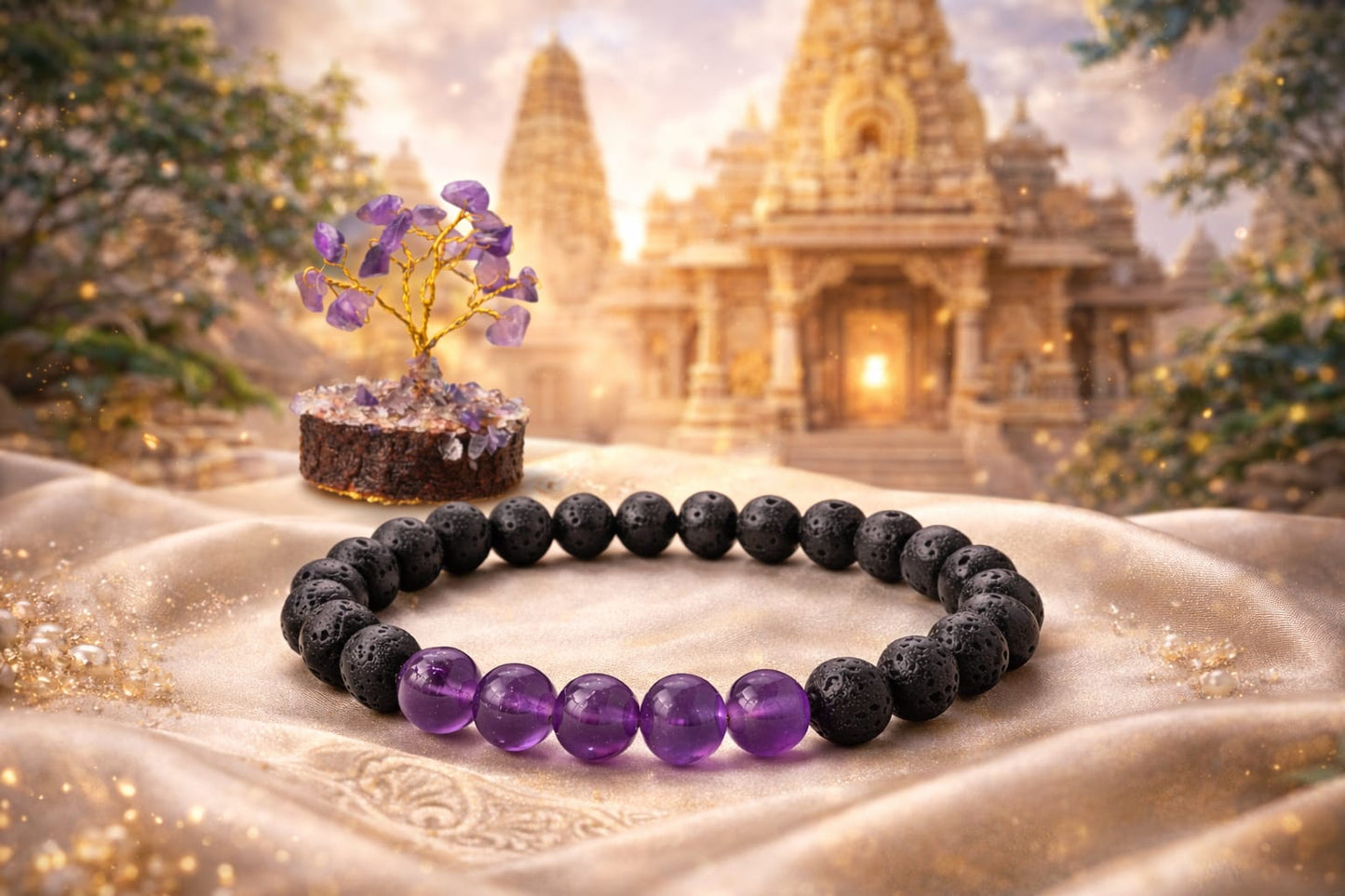 Amethyst Lava Stone Meditation Bracelet and Gemstone Tree Anxiety Relief Combo - RatnaSetu