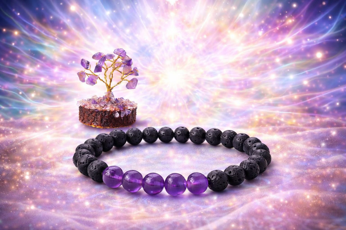 Amethyst Lava Stone Meditation Bracelet and Gemstone Tree Anxiety Relief Combo - RatnaSetu
