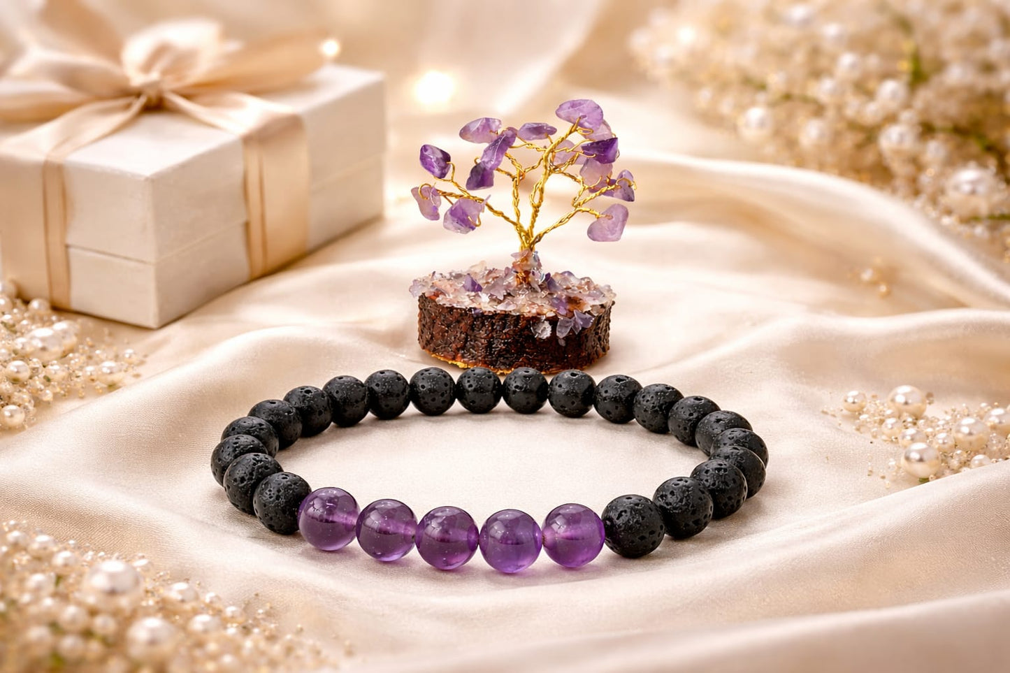 Amethyst Lava Stone Meditation Bracelet and Gemstone Tree Anxiety Relief Combo - RatnaSetu