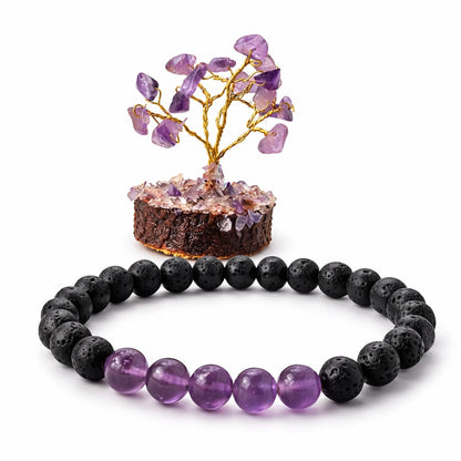 Amethyst Lava Stone Meditation Bracelet and Gemstone Tree Anxiety Relief Combo - RatnaSetu