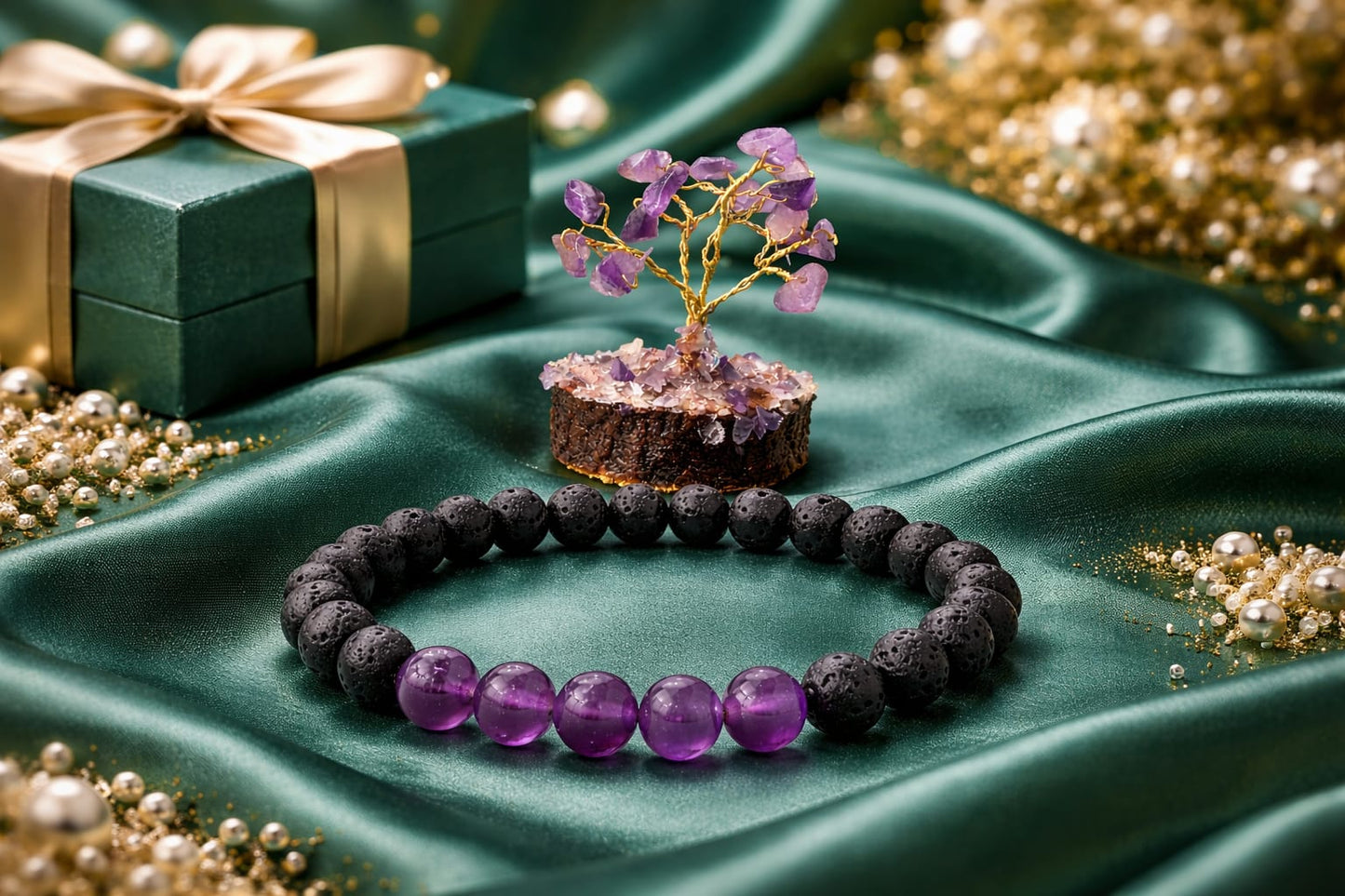Amethyst Lava Stone Meditation Bracelet and Gemstone Tree Anxiety Relief Combo - RatnaSetu