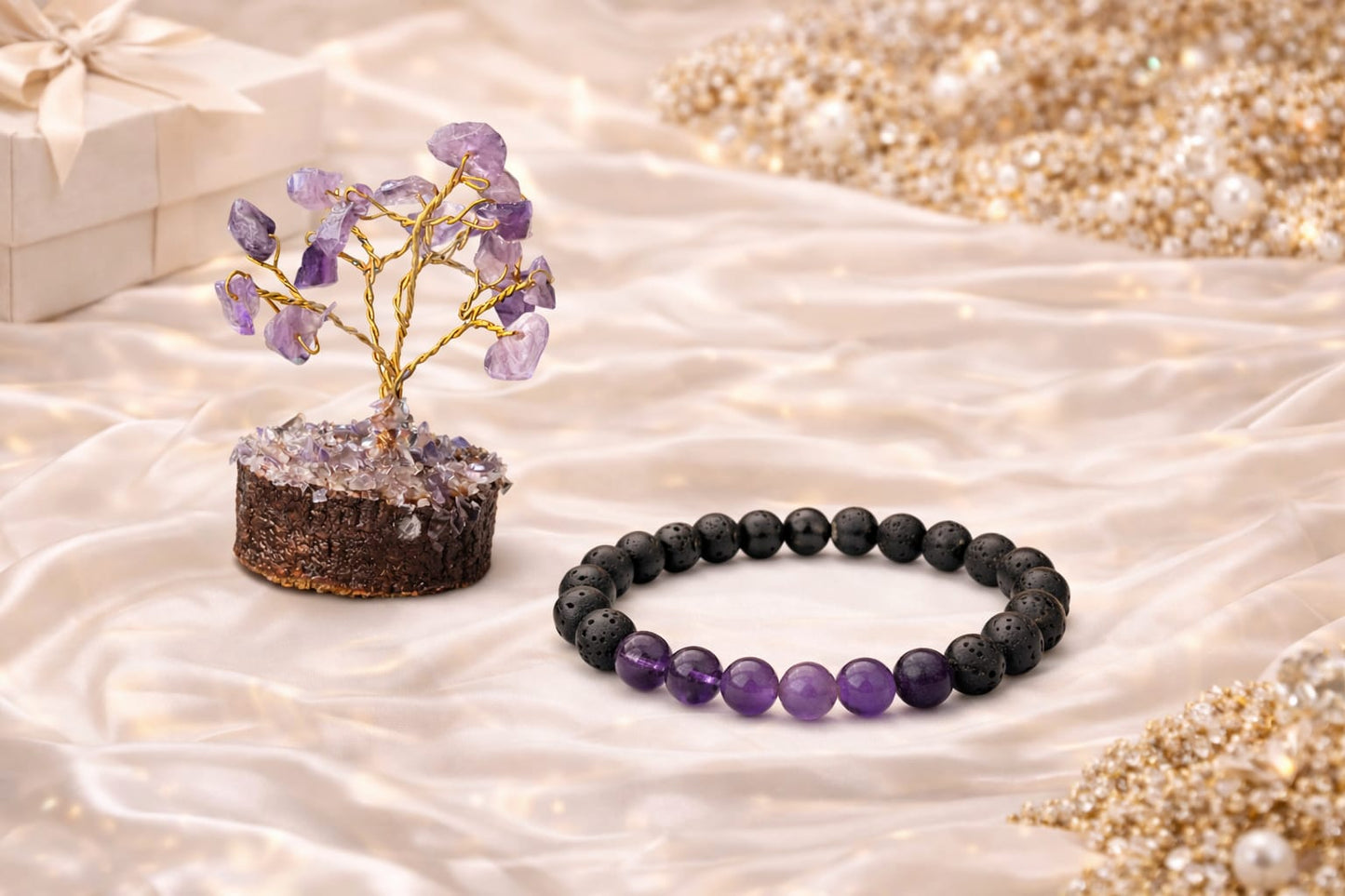 Amethyst Lava Stone Meditation Bracelet and Gemstone Tree Anxiety Relief Combo - RatnaSetu