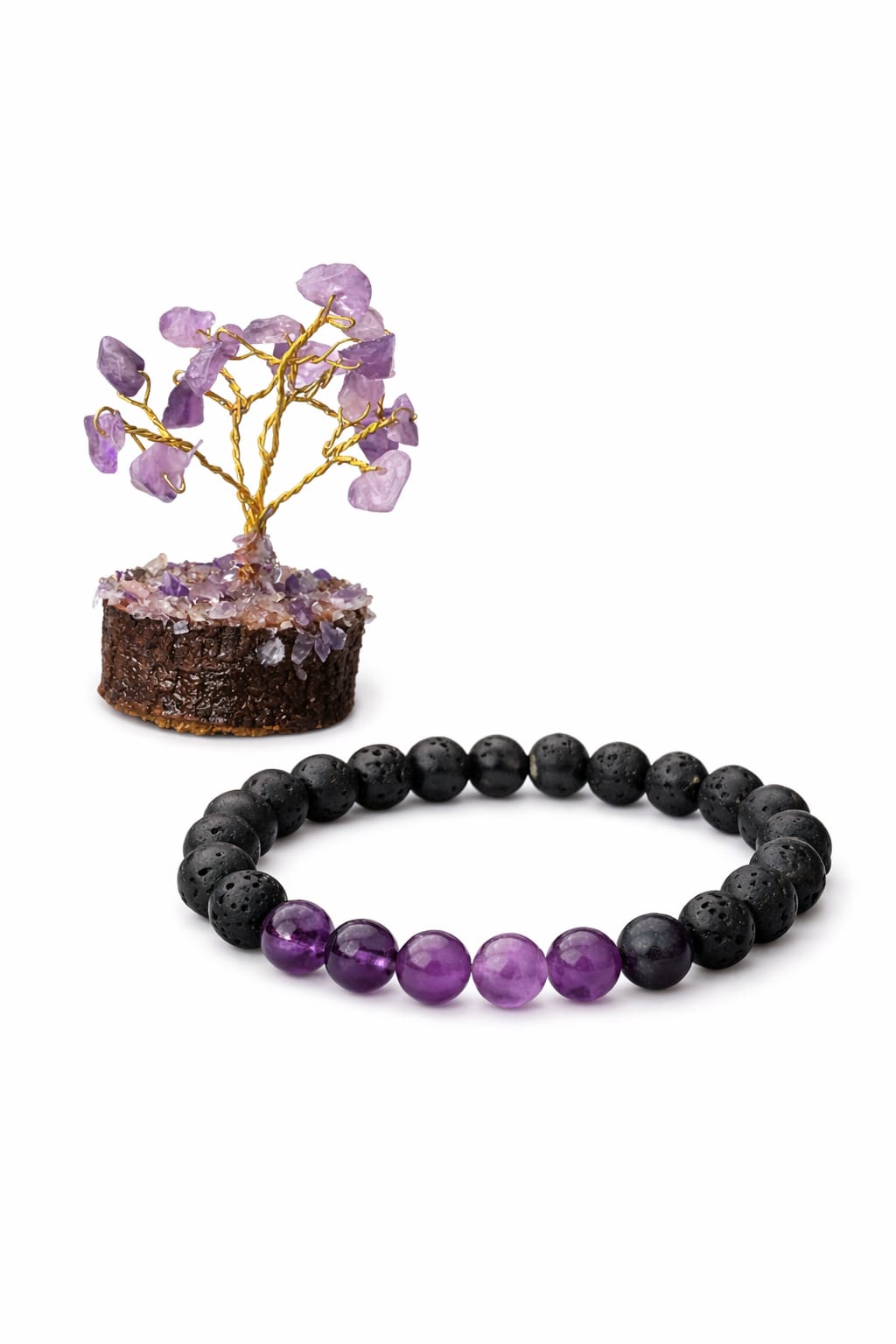 Amethyst Lava Stone Meditation Bracelet and Gemstone Tree Anxiety Relief Combo - RatnaSetu