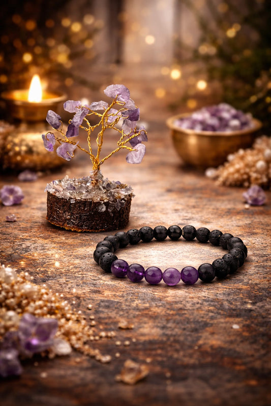 Amethyst Lava Stone Meditation Bracelet and Gemstone Tree Anxiety Relief Combo - RatnaSetu