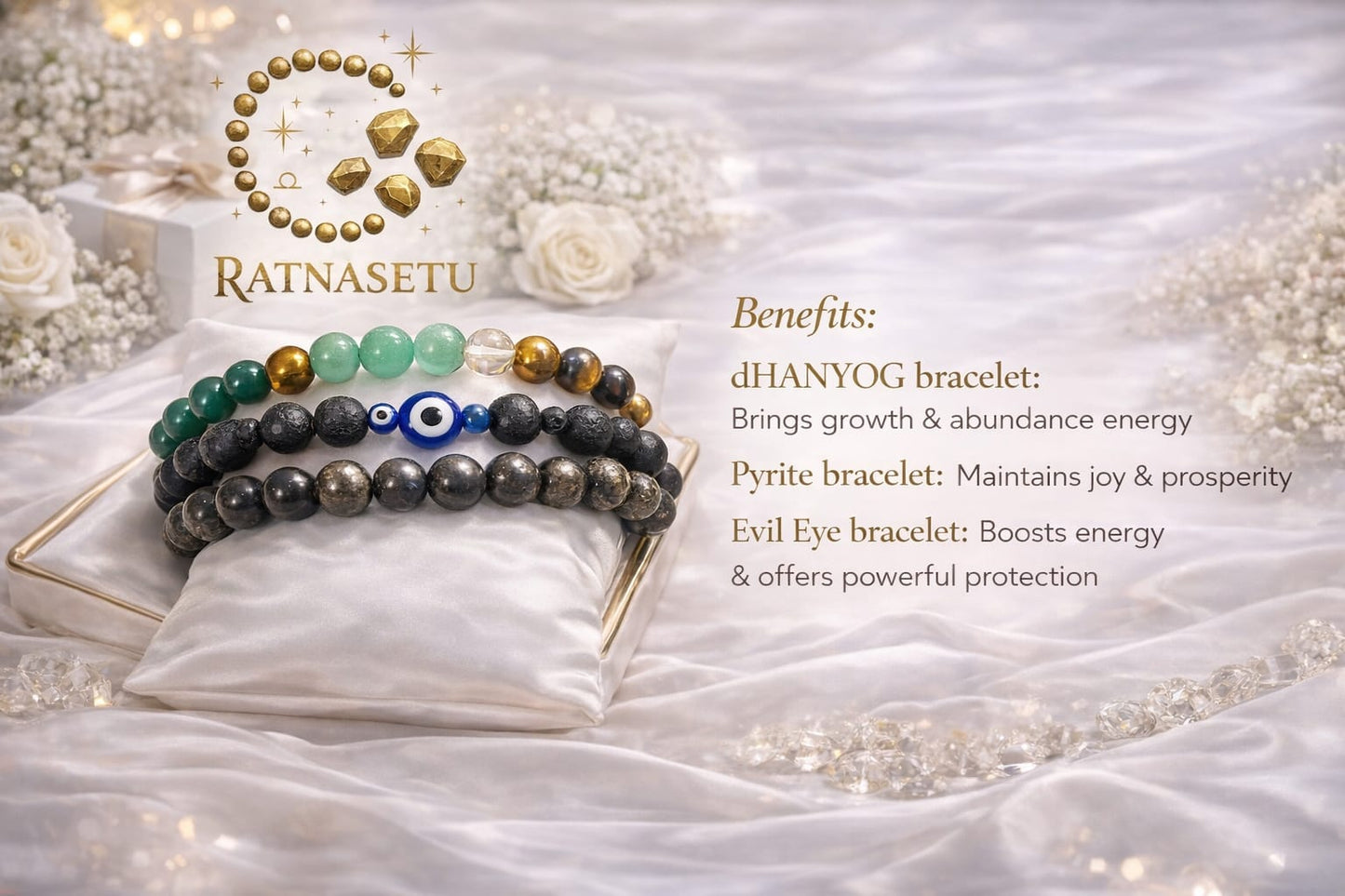 RatnaSetu Richi Rich Combo - Pyrite, Dhanyog & Evil Eye Lava Stone Bracelet Set