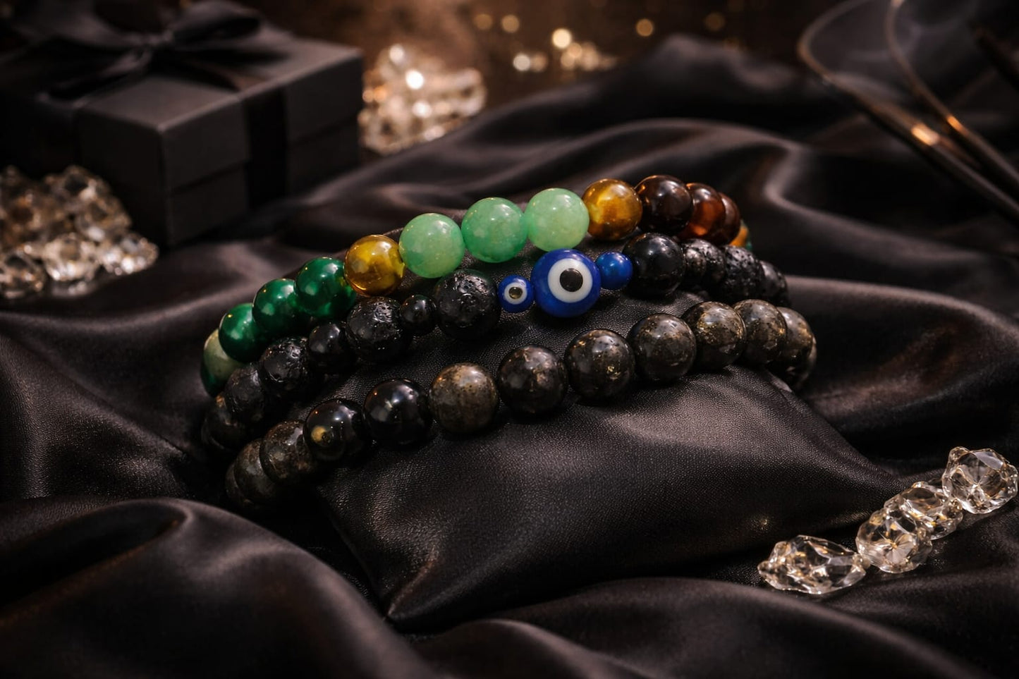 RatnaSetu Richi Rich Combo - Pyrite, Dhanyog & Evil Eye Lava Stone Bracelet Set