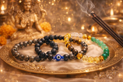 RatnaSetu Richi Rich Combo - Pyrite, Dhanyog & Evil Eye Lava Stone Bracelet Set