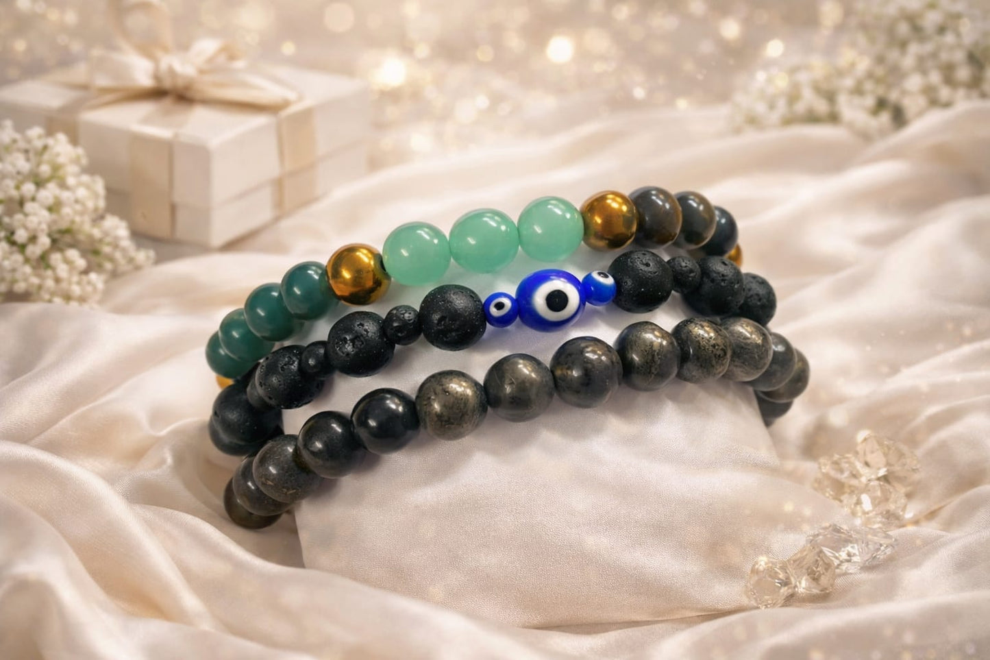 RatnaSetu Richi Rich Combo - Pyrite, Dhanyog & Evil Eye Lava Stone Bracelet Set