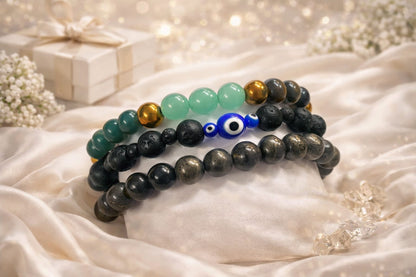 RatnaSetu Richi Rich Combo - Pyrite, Dhanyog & Evil Eye Lava Stone Bracelet Set