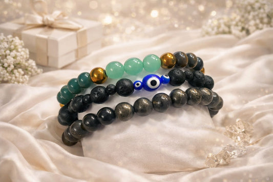 RatnaSetu Richi Rich Combo - Pyrite, Dhanyog & Evil Eye Lava Stone Bracelet Set