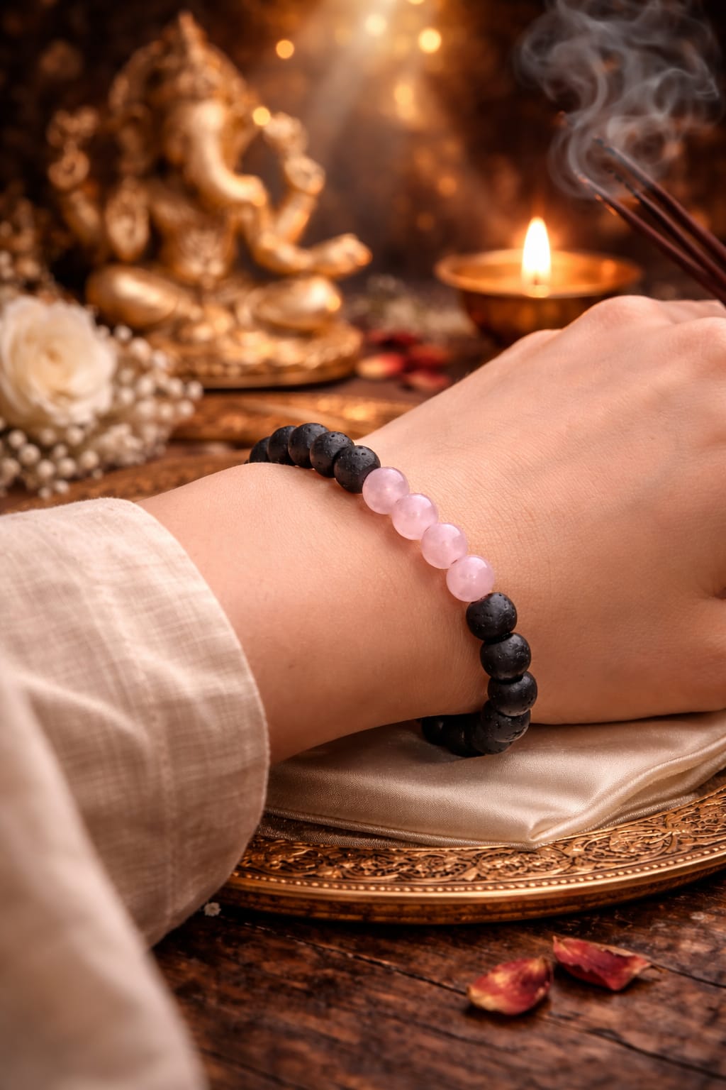 Natural Rose Quartz and Lava Stone Bracelet for Love & Anxiety Relief - RatnaSetu