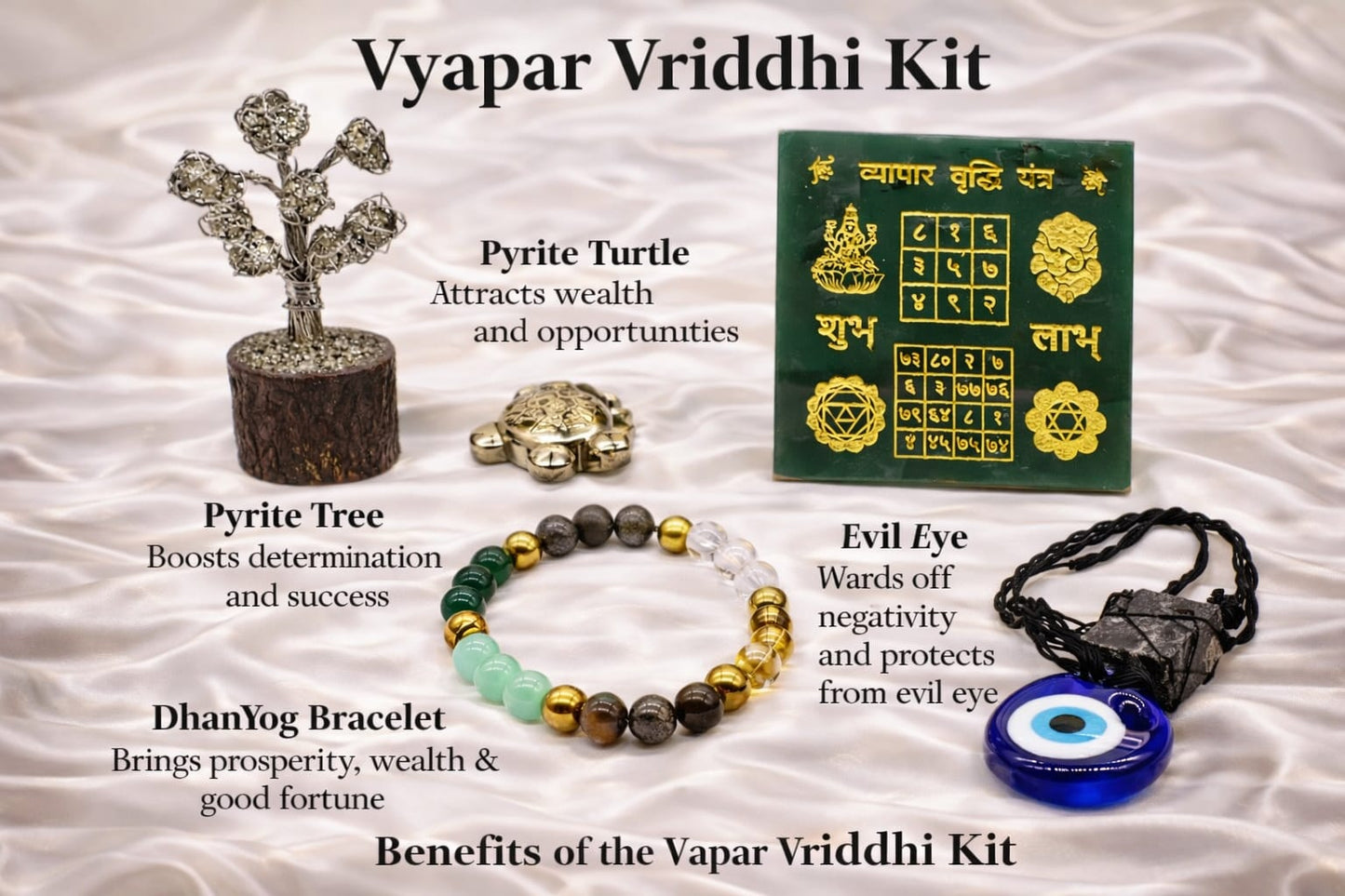 Vypar Vridhi Kit: Pyrite Tree, Pyrite Turtle, Vypar Vridhi Yantra, Dhanyog Bracelet & Evil Eye - RatnaSetu