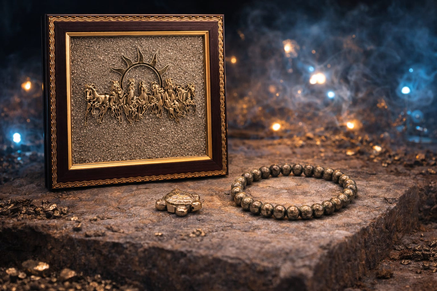 Pyrite 7 Running Horses Vastu Frame, Bracelet & Turtle Combo - RatnaSetu